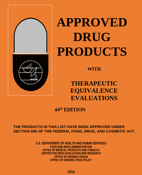 Cover of the FDA Orange Book. An orange cover with text on it